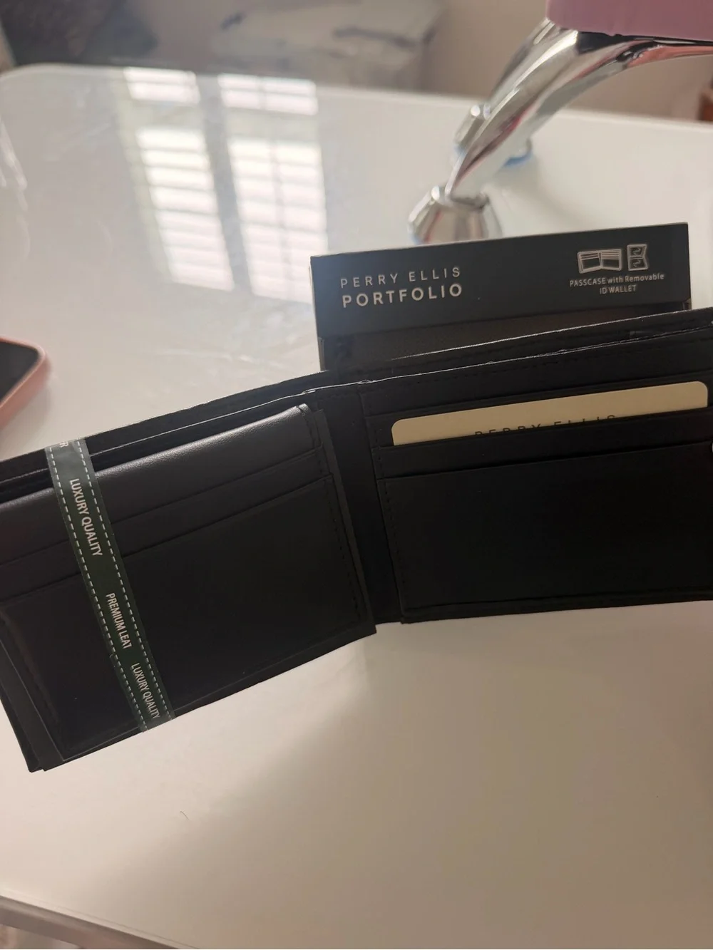 Perry Ellis Portfolio Black Leather Passcase with Removable ID Wallet
